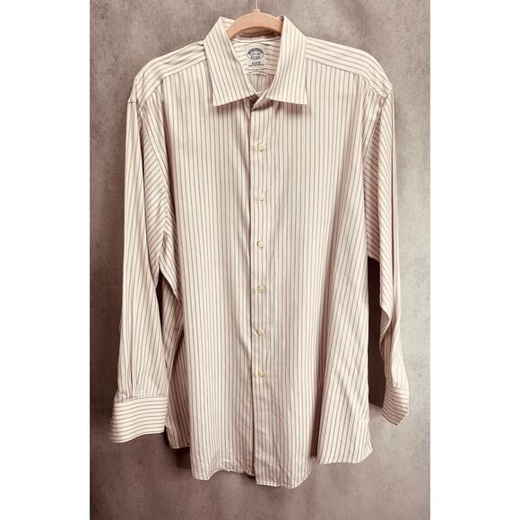Brooks Brothers Mens Striped Button-Down Shirt Long Sleeve Pink White Size 17.5 - Picture 1 of 5